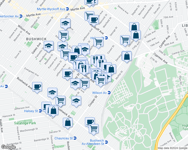 map of restaurants, bars, coffee shops, grocery stores, and more near 222 Schaefer Street in Brooklyn