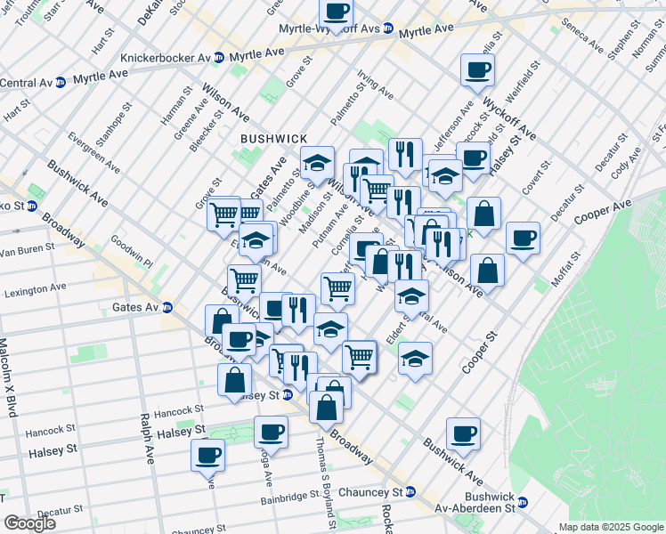 map of restaurants, bars, coffee shops, grocery stores, and more near in Brooklyn