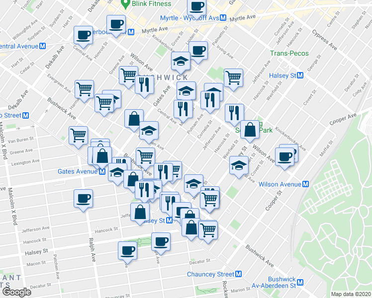 map of restaurants, bars, coffee shops, grocery stores, and more near 521 Evergreen Avenue in Brooklyn