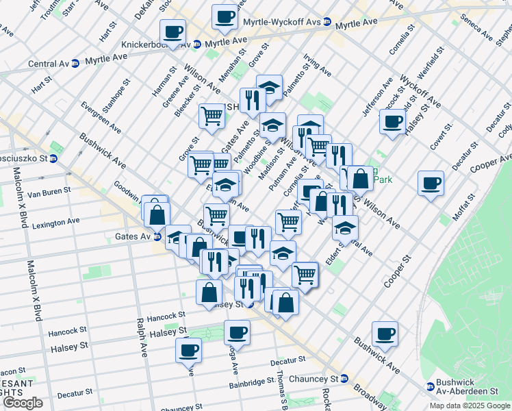 map of restaurants, bars, coffee shops, grocery stores, and more near 521 Evergreen Avenue in Brooklyn