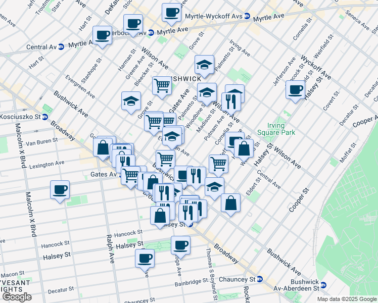 map of restaurants, bars, coffee shops, grocery stores, and more near 1052 Madison Street in Brooklyn