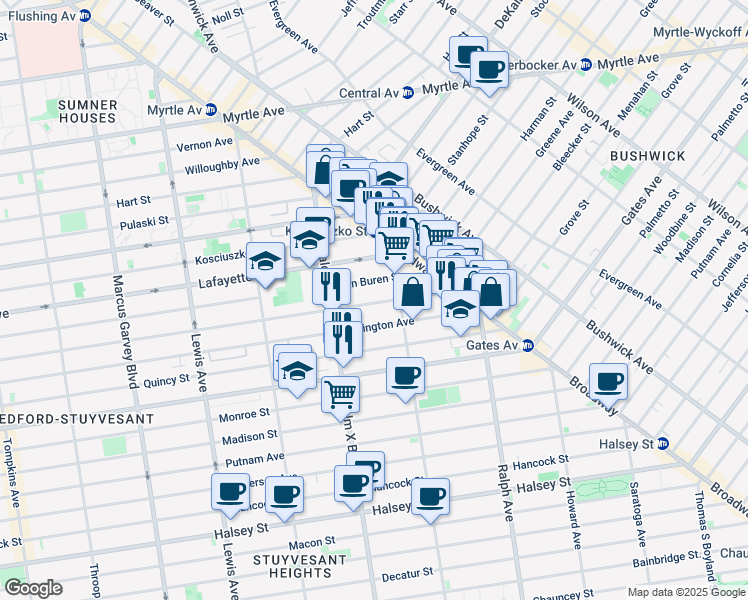 map of restaurants, bars, coffee shops, grocery stores, and more near 803 Lexington Avenue in Brooklyn