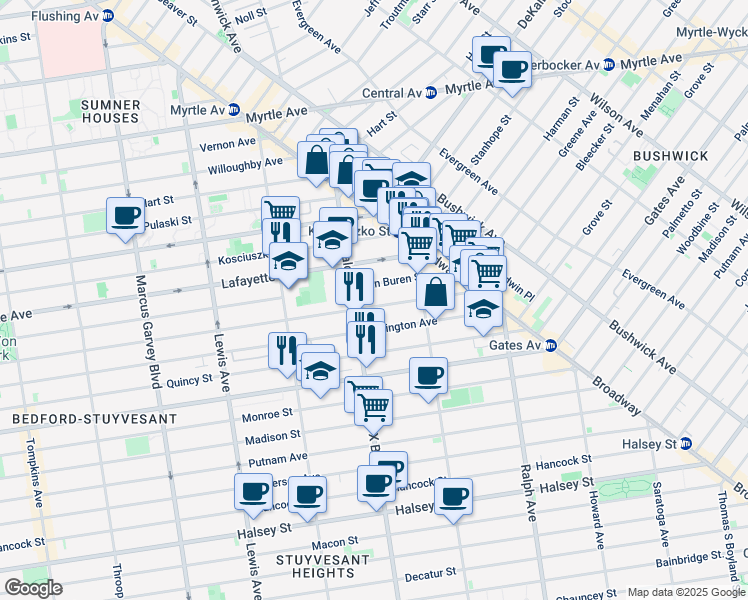 map of restaurants, bars, coffee shops, grocery stores, and more near 91A Malcolm X Boulevard in Brooklyn