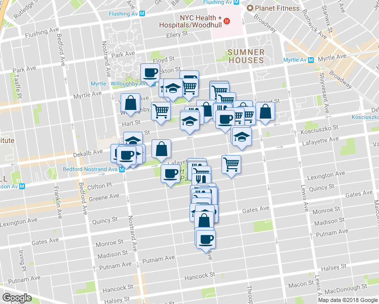 map of restaurants, bars, coffee shops, grocery stores, and more near 695 Lafayette Avenue in Brooklyn