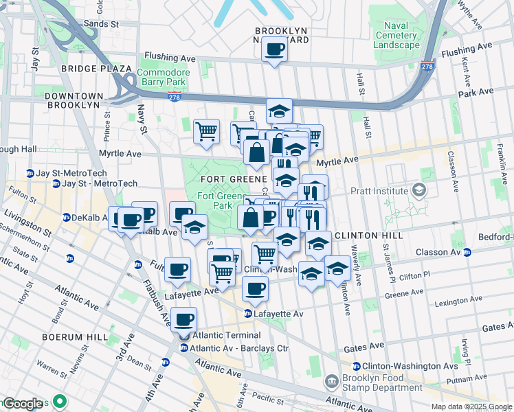 map of restaurants, bars, coffee shops, grocery stores, and more near 242 Carlton Avenue in Brooklyn