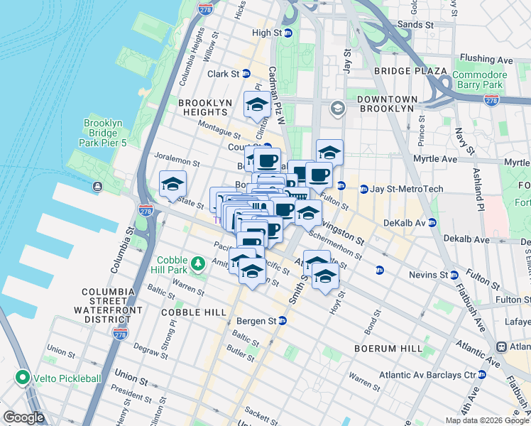map of restaurants, bars, coffee shops, grocery stores, and more near 88 Court Street in Brooklyn