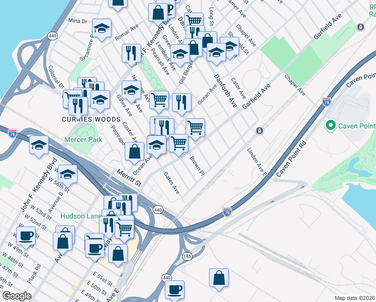 map of restaurants, bars, coffee shops, grocery stores, and more near 170 Garfield Avenue in Jersey City