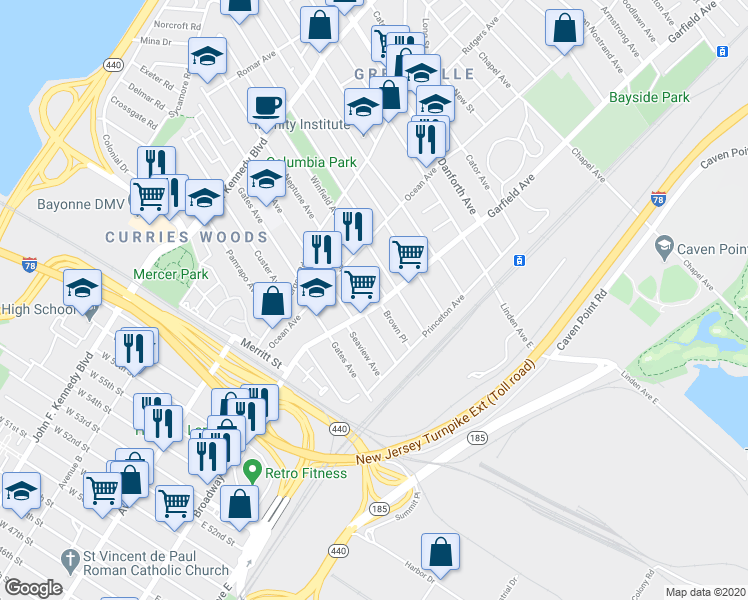 map of restaurants, bars, coffee shops, grocery stores, and more near 170 Garfield Avenue in Jersey City