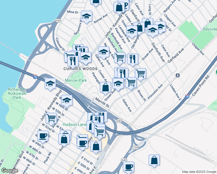 map of restaurants, bars, coffee shops, grocery stores, and more near 49 Ocean Avenue in Jersey City