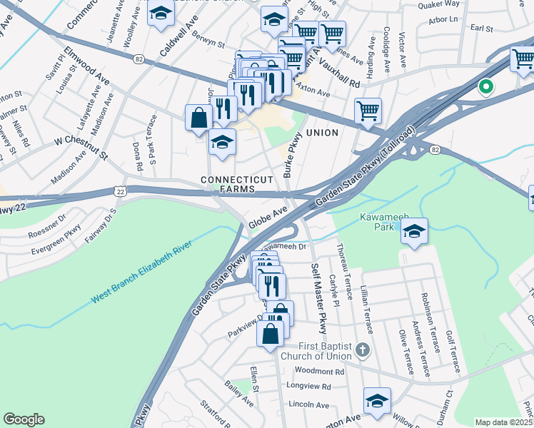 map of restaurants, bars, coffee shops, grocery stores, and more near 227 Globe Avenue in Union