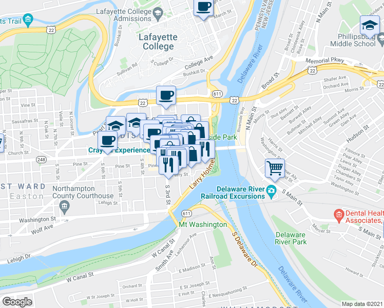 map of restaurants, bars, coffee shops, grocery stores, and more near 42 South 2nd Street in Easton