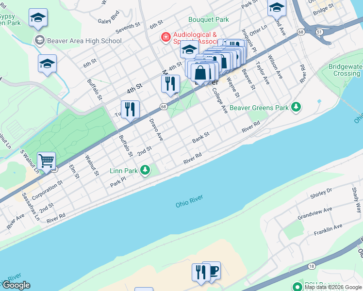 map of restaurants, bars, coffee shops, grocery stores, and more near 941 Bank Street in Beaver