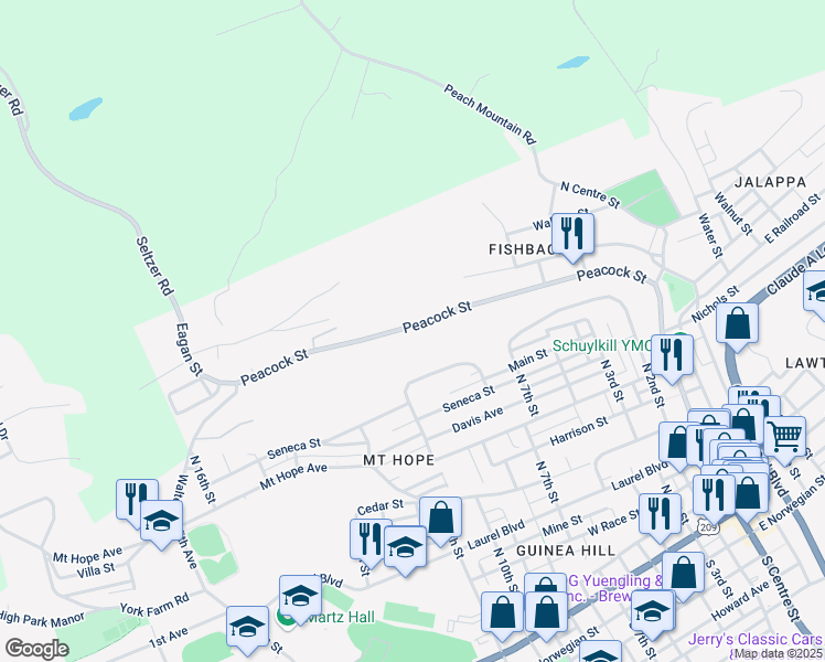 map of restaurants, bars, coffee shops, grocery stores, and more near 415 Peacock Street in Pottsville