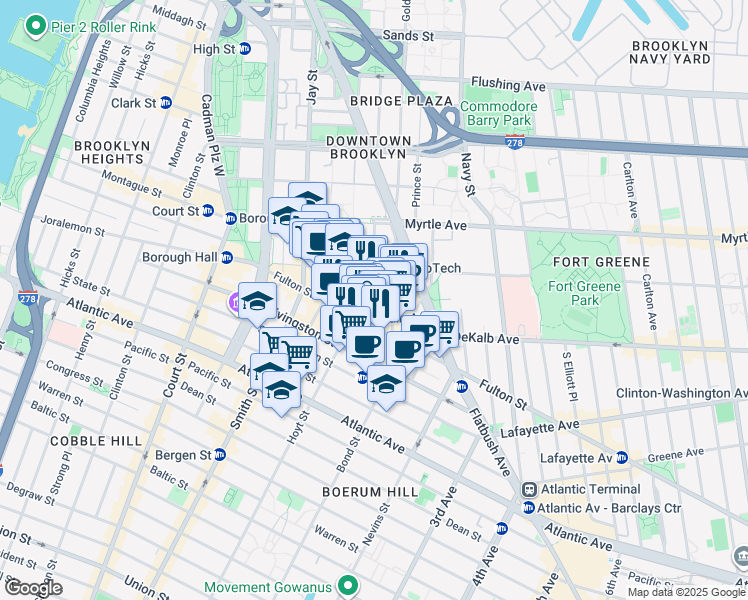 map of restaurants, bars, coffee shops, grocery stores, and more near 235 Duffield Street in Brooklyn