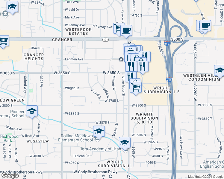 map of restaurants, bars, coffee shops, grocery stores, and more near 3726 South Market Street in West Valley City