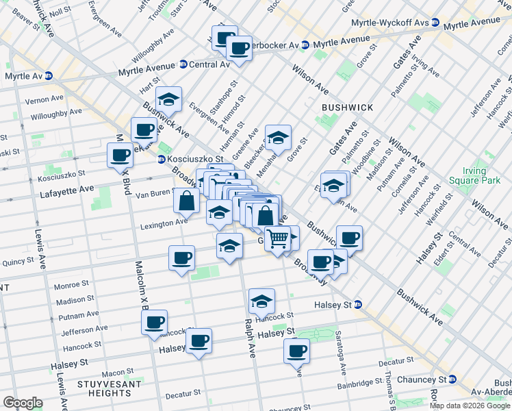 map of restaurants, bars, coffee shops, grocery stores, and more near 34 Grove Street in Brooklyn