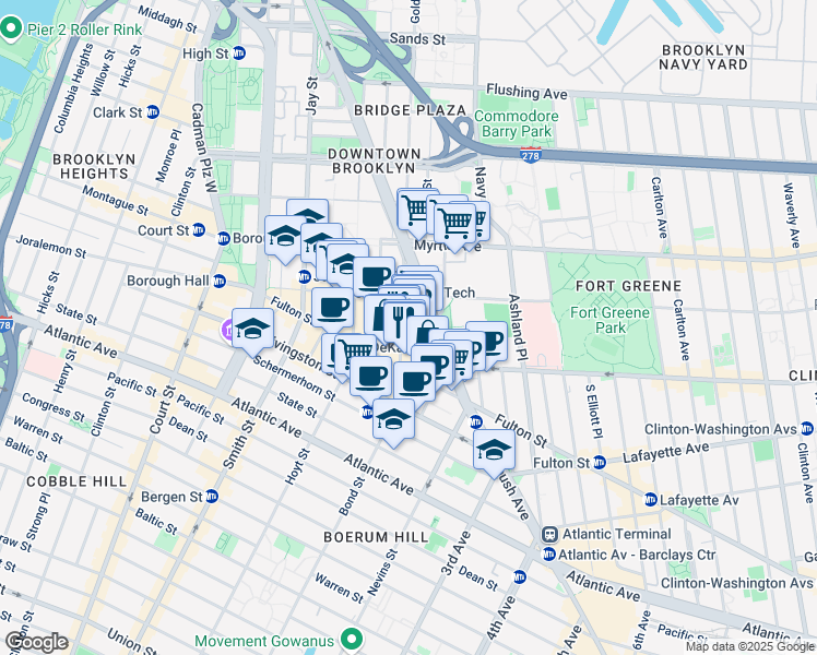 map of restaurants, bars, coffee shops, grocery stores, and more near 445 Albee Square West in Brooklyn