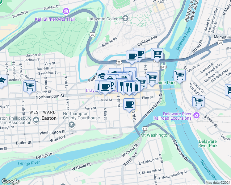 map of restaurants, bars, coffee shops, grocery stores, and more near 410 Northampton Street in Easton