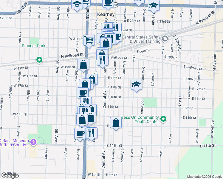map of restaurants, bars, coffee shops, grocery stores, and more near 52-98 East 16th Street in Kearney
