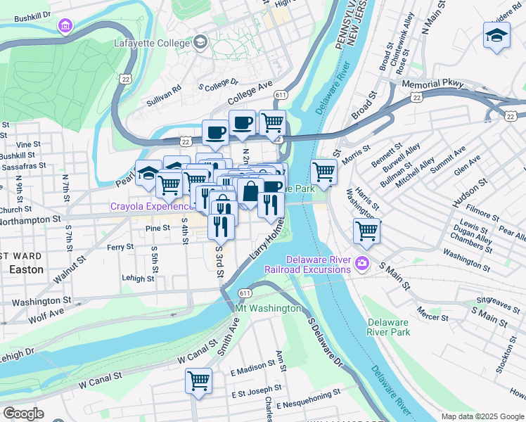 map of restaurants, bars, coffee shops, grocery stores, and more near 140 Northampton Street in Easton