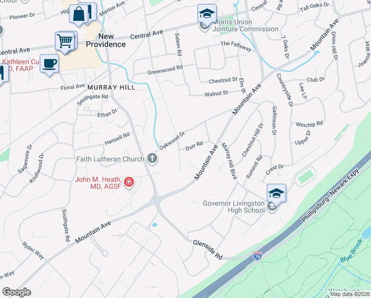 map of restaurants, bars, coffee shops, grocery stores, and more near 31 Old Brook Lane in New Providence