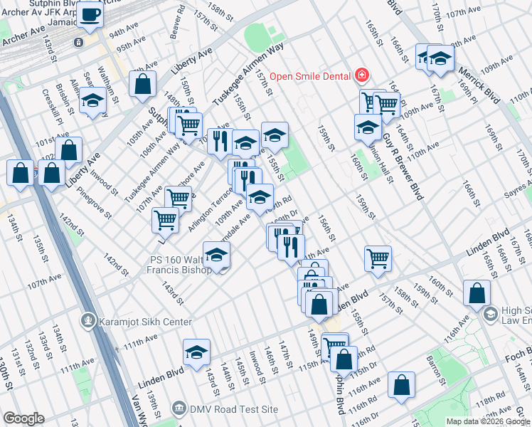 map of restaurants, bars, coffee shops, grocery stores, and more near in Queens