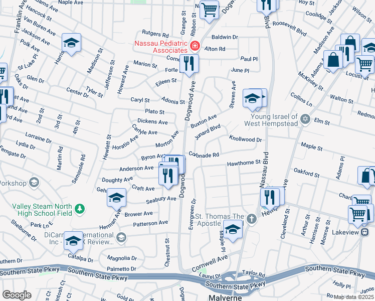 map of restaurants, bars, coffee shops, grocery stores, and more near 620 Dogwood Avenue in Franklin Square