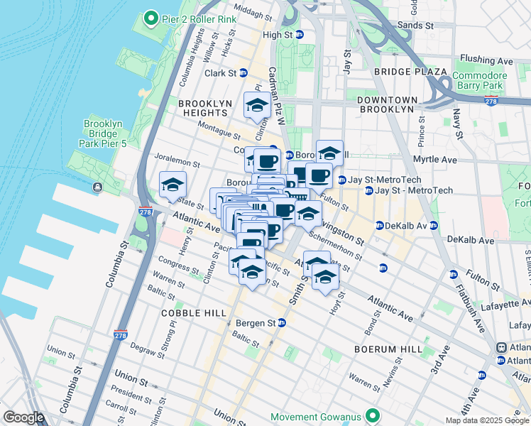 map of restaurants, bars, coffee shops, grocery stores, and more near 92 Court Street in Brooklyn