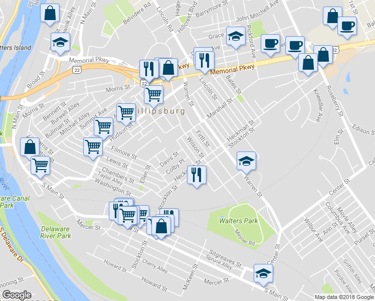 map of restaurants, bars, coffee shops, grocery stores, and more near 41 Railroad Avenue in Phillipsburg