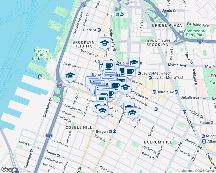 map of restaurants, bars, coffee shops, grocery stores, and more near 111-115 City Point in Brooklyn