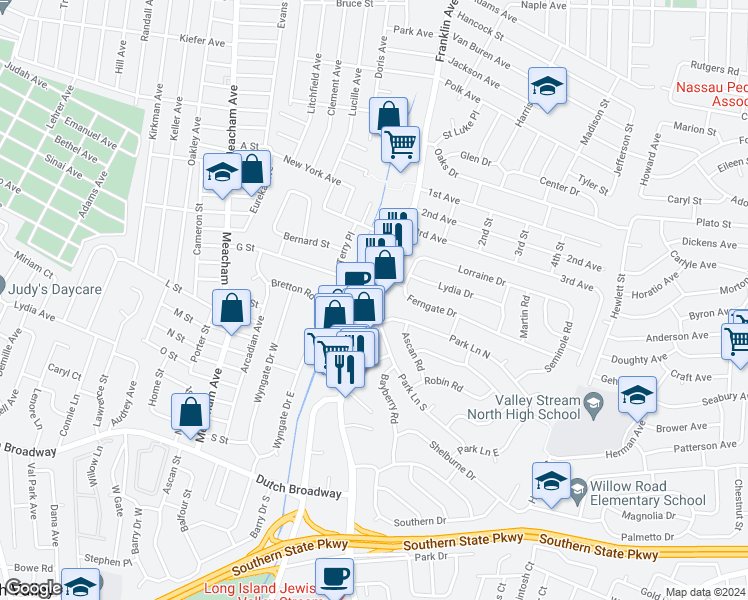 map of restaurants, bars, coffee shops, grocery stores, and more near 608 Franklin Avenue in Franklin Square
