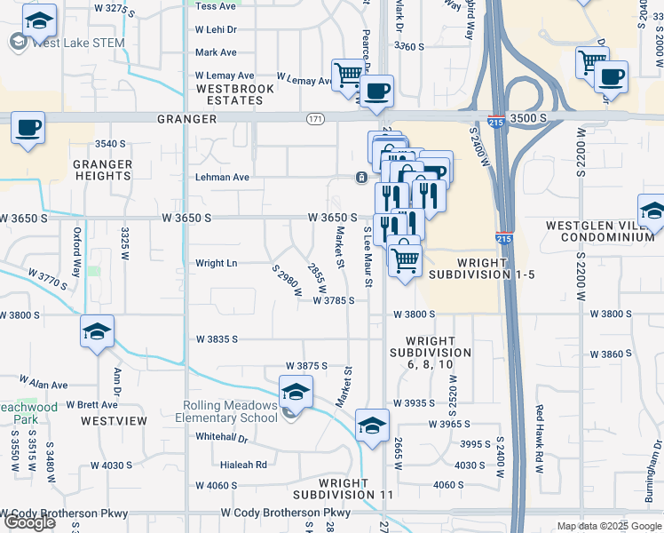map of restaurants, bars, coffee shops, grocery stores, and more near 3726 South Market Street in West Valley City