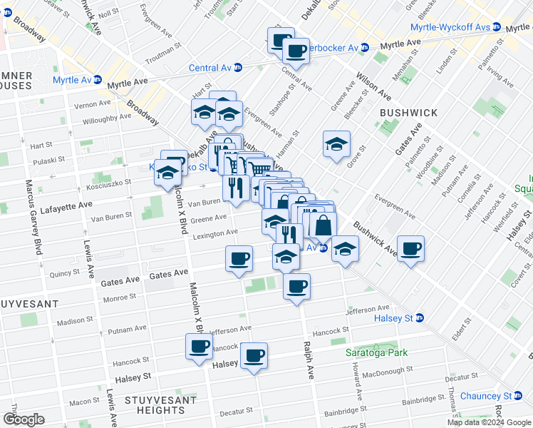 map of restaurants, bars, coffee shops, grocery stores, and more near 1052 Greene Avenue in Brooklyn