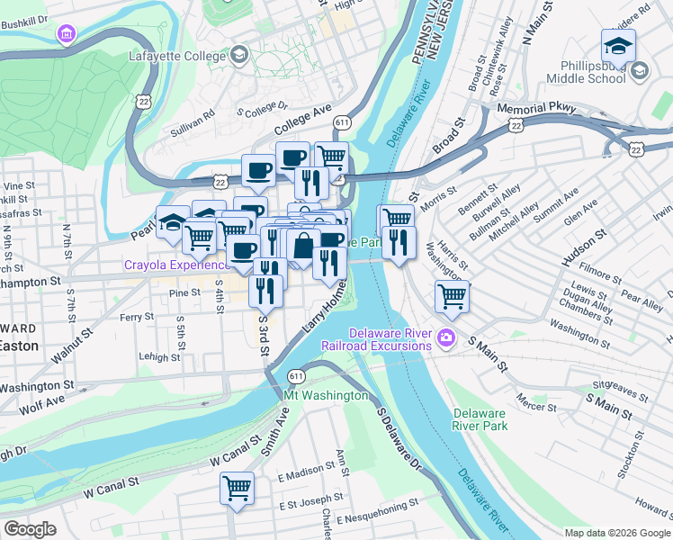 map of restaurants, bars, coffee shops, grocery stores, and more near 91 Larry Holmes Drive in Easton