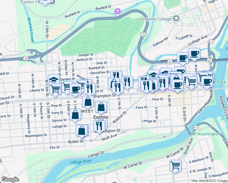 map of restaurants, bars, coffee shops, grocery stores, and more near 717 Wood Avenue in Easton