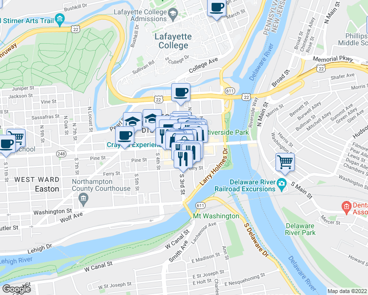 map of restaurants, bars, coffee shops, grocery stores, and more near 3 Centre Square in Easton