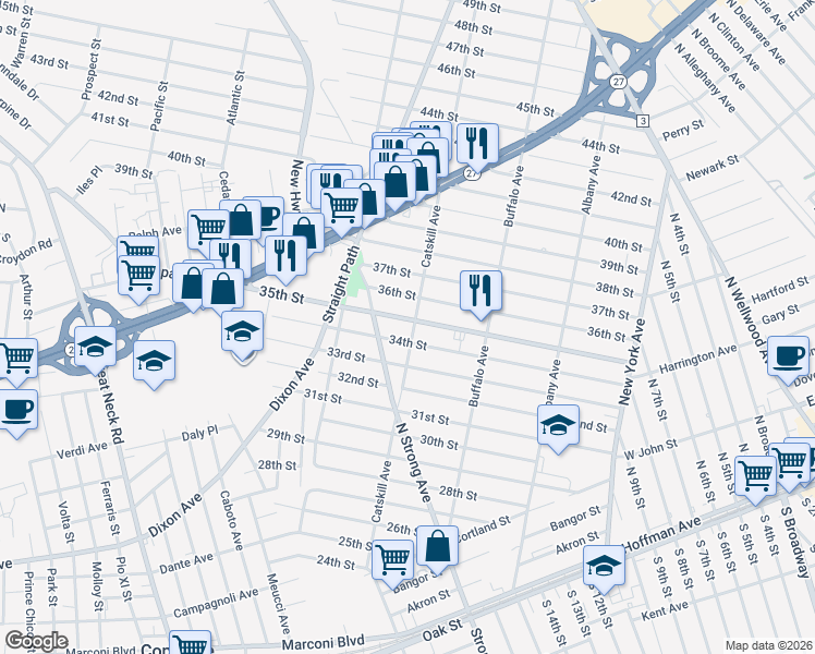 map of restaurants, bars, coffee shops, grocery stores, and more near 399 34th Street in Lindenhurst