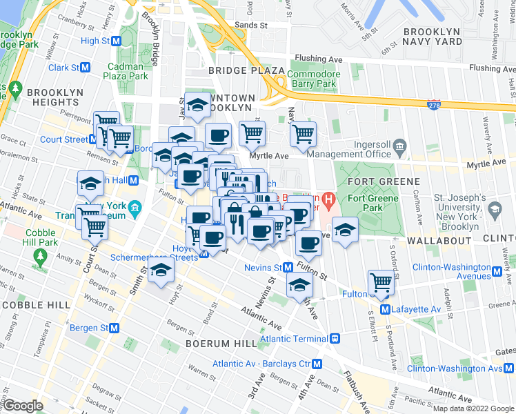 map of restaurants, bars, coffee shops, grocery stores, and more near 1 DeKalb Avenue in Brooklyn