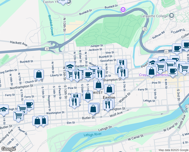 map of restaurants, bars, coffee shops, grocery stores, and more near 1019 Northampton Street in Easton
