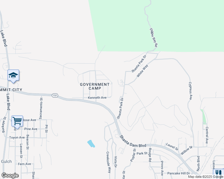 map of restaurants, bars, coffee shops, grocery stores, and more near 6th Street in Shasta Lake