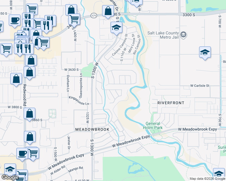map of restaurants, bars, coffee shops, grocery stores, and more near 3692 Meadow Stream Road in West Valley City