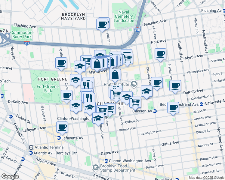 map of restaurants, bars, coffee shops, grocery stores, and more near 270 Washington Avenue in Brooklyn