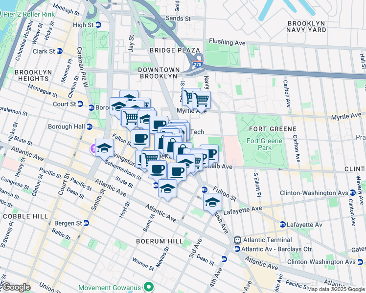 map of restaurants, bars, coffee shops, grocery stores, and more near 10 City Point in Brooklyn