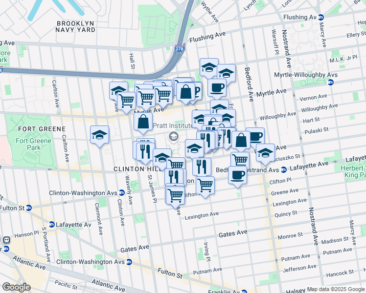 map of restaurants, bars, coffee shops, grocery stores, and more near 225 Steuben Street in Brooklyn