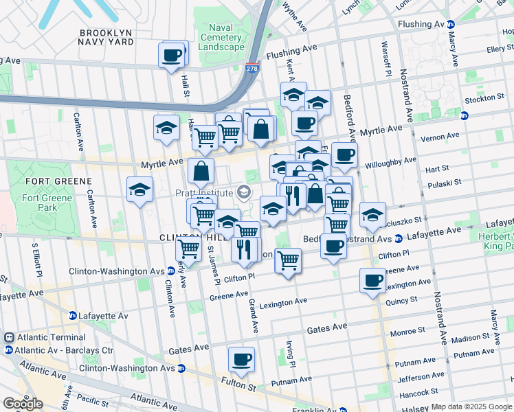 map of restaurants, bars, coffee shops, grocery stores, and more near 225 Steuben Street in Brooklyn