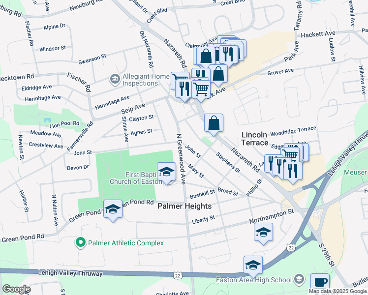 map of restaurants, bars, coffee shops, grocery stores, and more near 2850 John Street in Easton