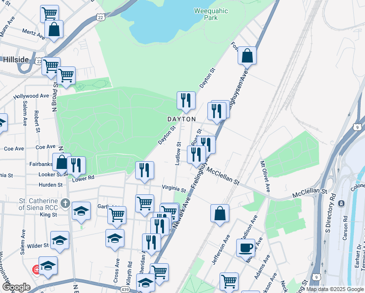 map of restaurants, bars, coffee shops, grocery stores, and more near 48-50 Ludlow Street in Newark