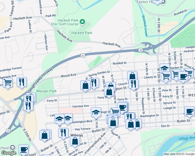 map of restaurants, bars, coffee shops, grocery stores, and more near 103 North Wright Street in Easton