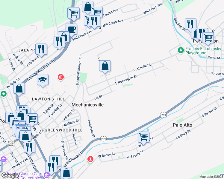 map of restaurants, bars, coffee shops, grocery stores, and more near 20 Park Street in Pottsville