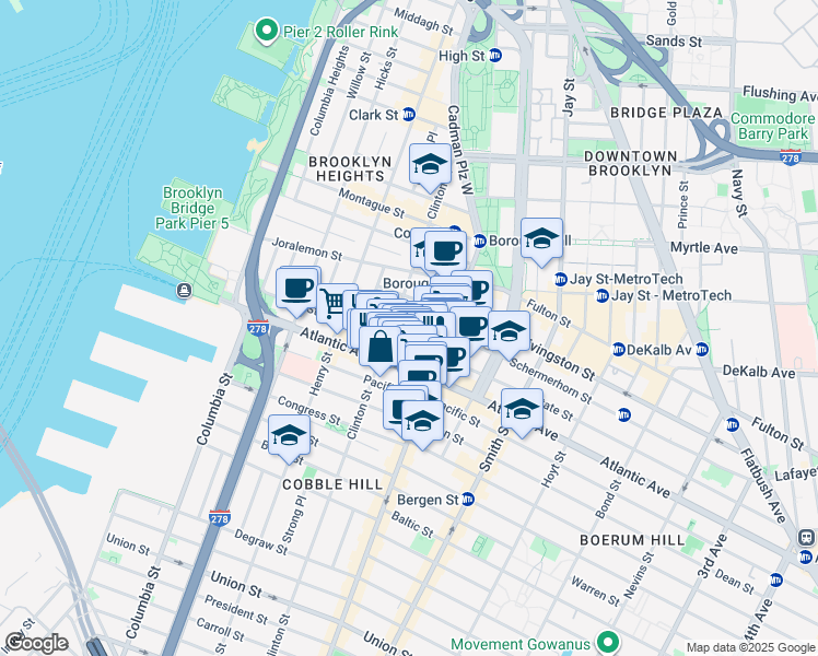 map of restaurants, bars, coffee shops, grocery stores, and more near 166 State Street in Brooklyn